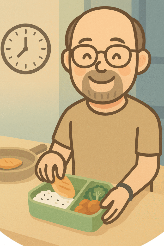 キッチンでお弁当を作っている様子を描いた、やわらかいイラスト