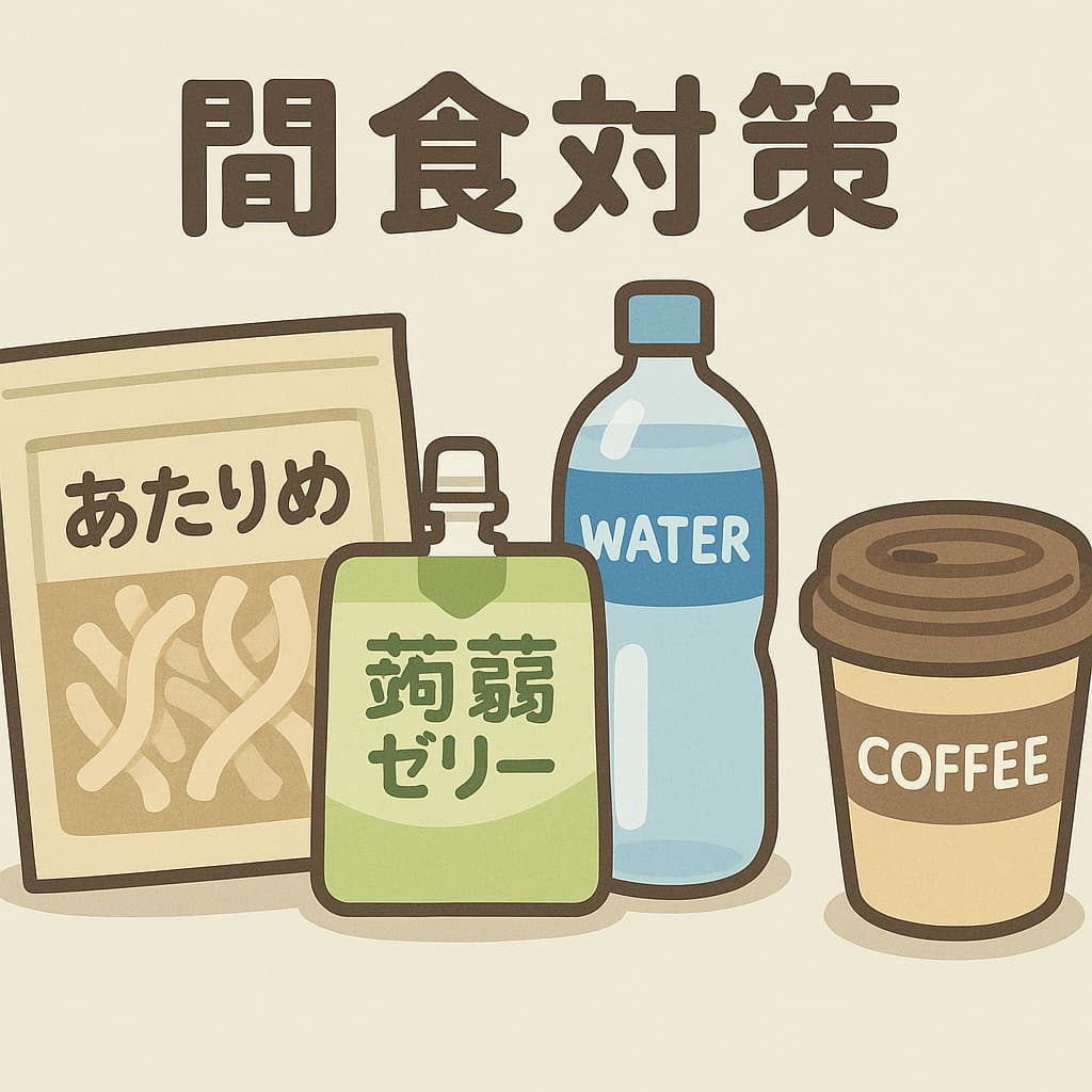 間食対策の「あたりめ」「蒟蒻ゼリー」と空腹対策の水とコーヒーのイラスト