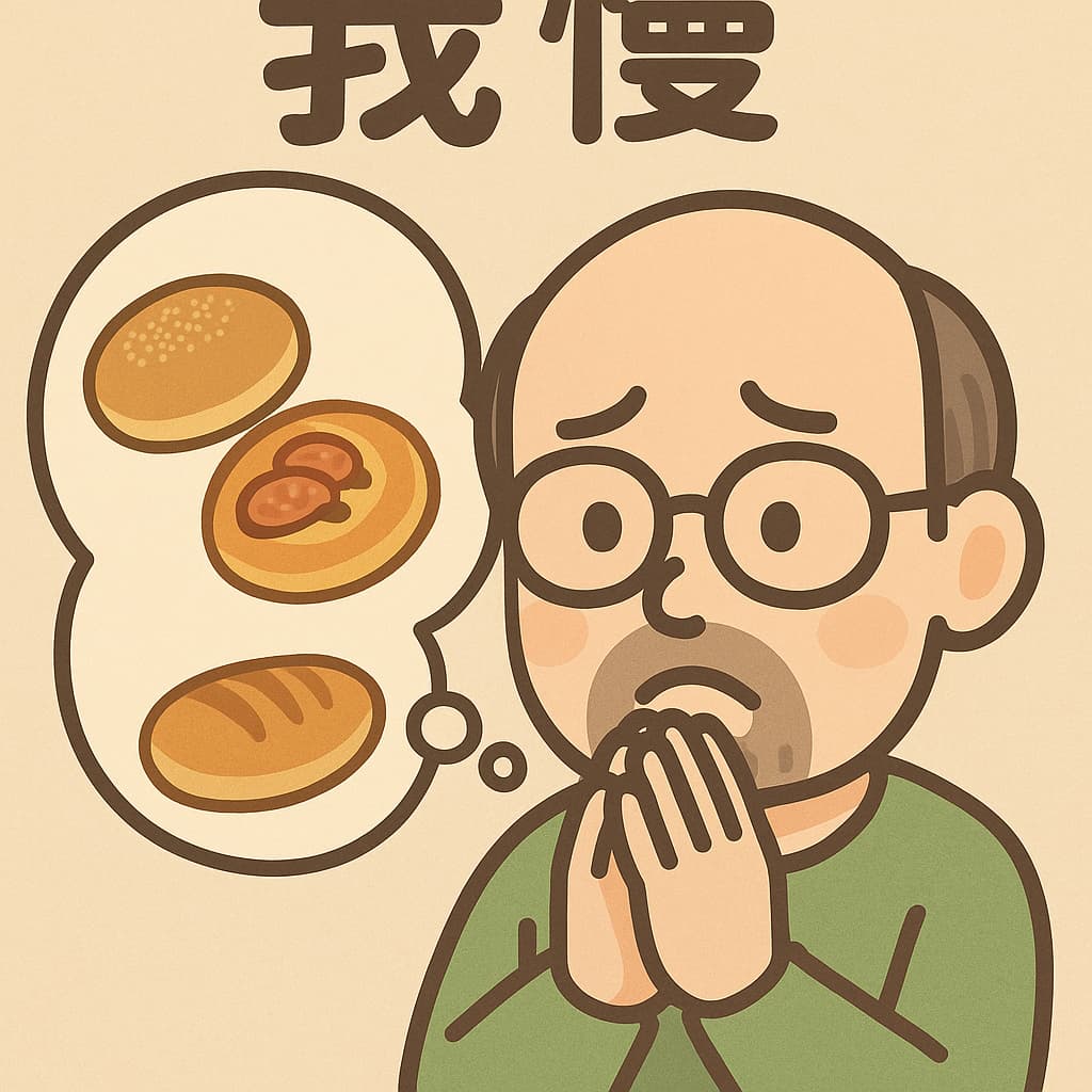 美味しい菓子パン、惣菜パンを我慢している男性のイラスト。