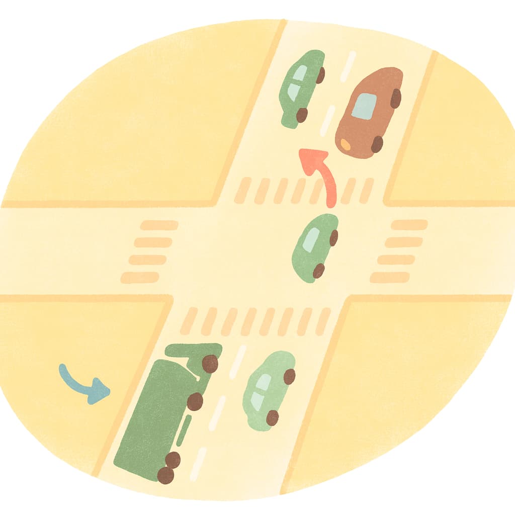渋滞中の交差点で少しのスペースに入ってくる乗用車のイラスト