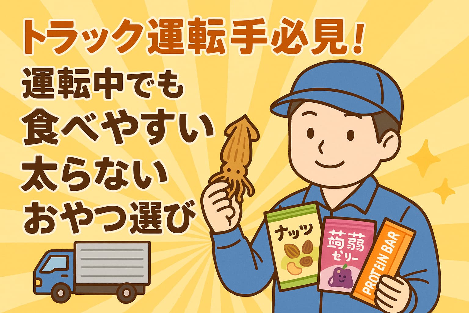 トラック運転手が、あたりめ・ナッツ・蒟蒻ゼリー・プロテインバーを持って笑顔で紹介しているイラスト。