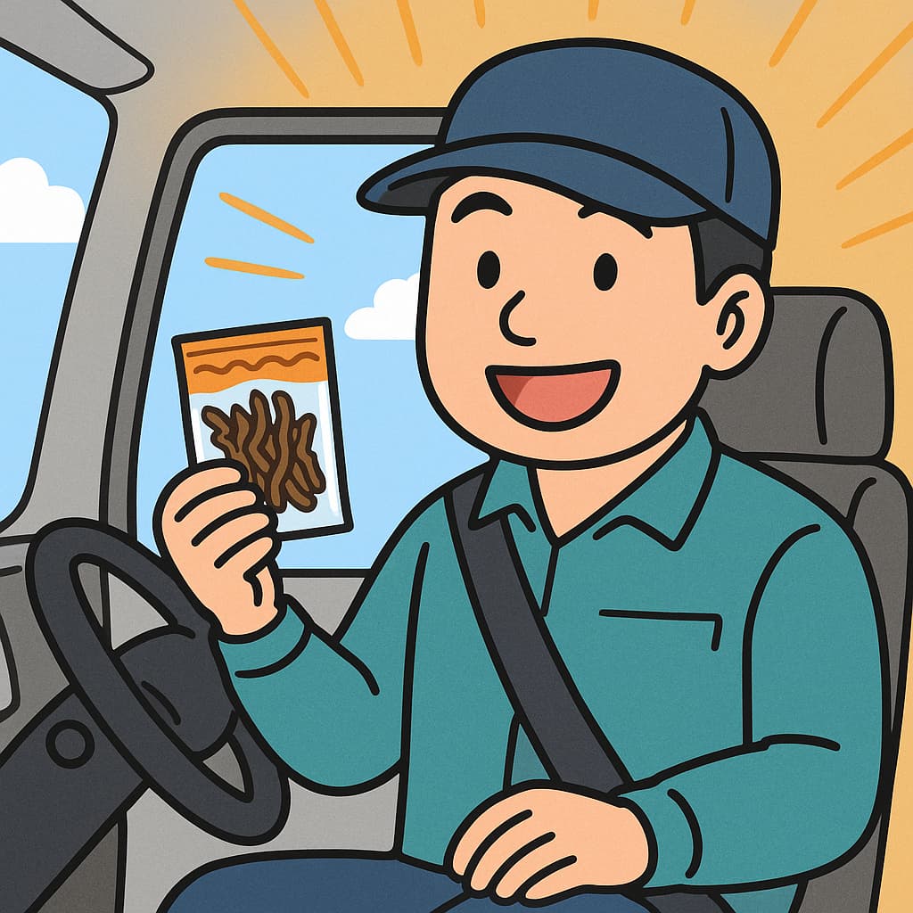運転席で笑顔のドライバーが小袋おやつを片手に持っているイラスト