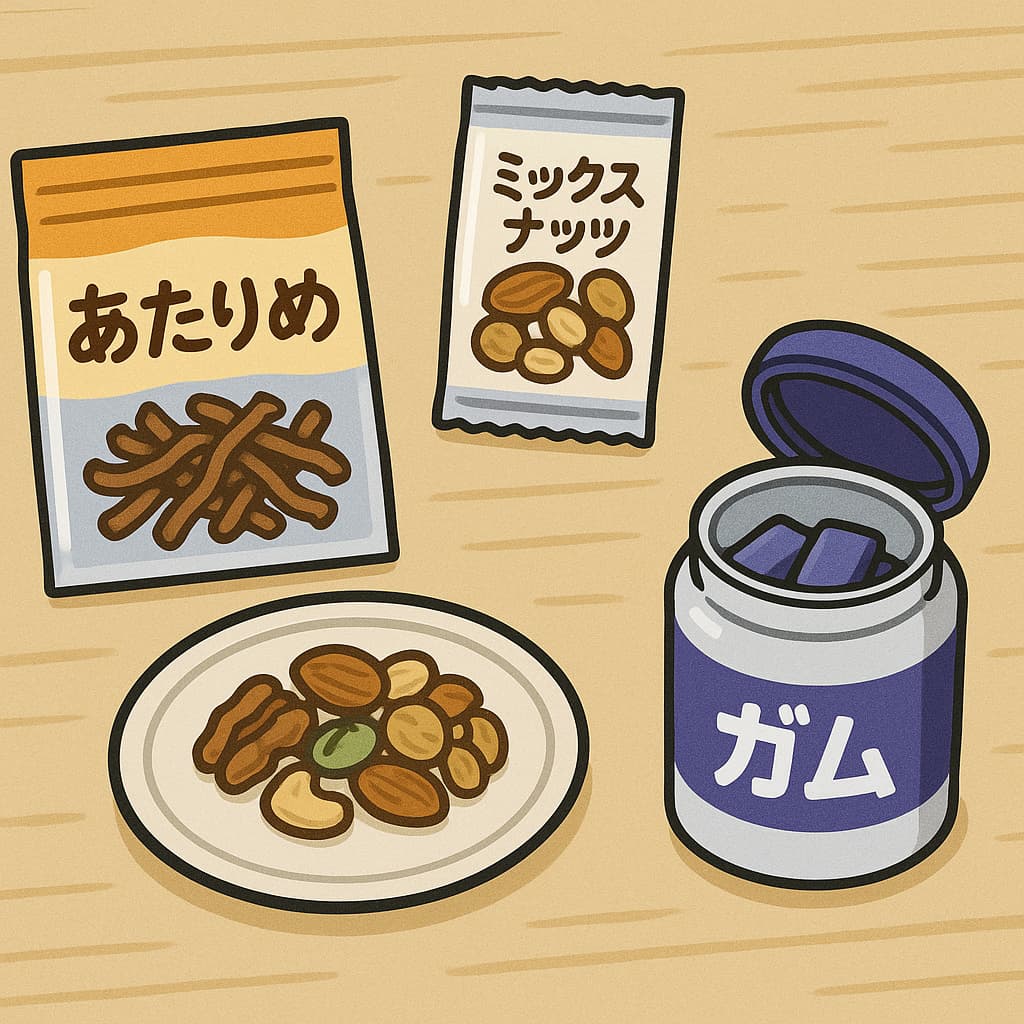 定番のおやつ「あたりめ」「ミックスナッツ」「ガム」のイラスト