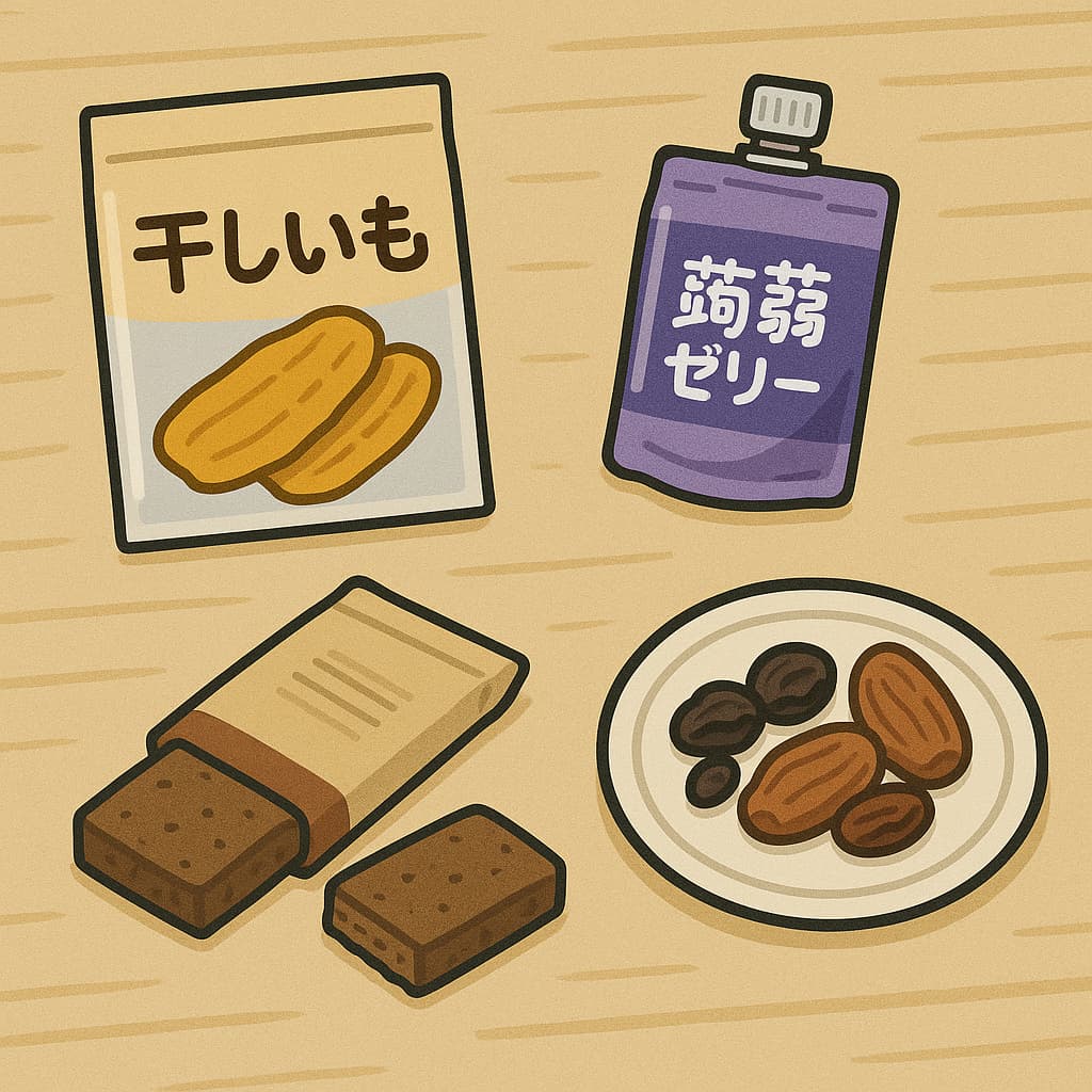 「干し芋」「蒟蒻ゼリー」「プロテインバー」「ドライフルーツ」が描かれた体に良いおやつのイラスト