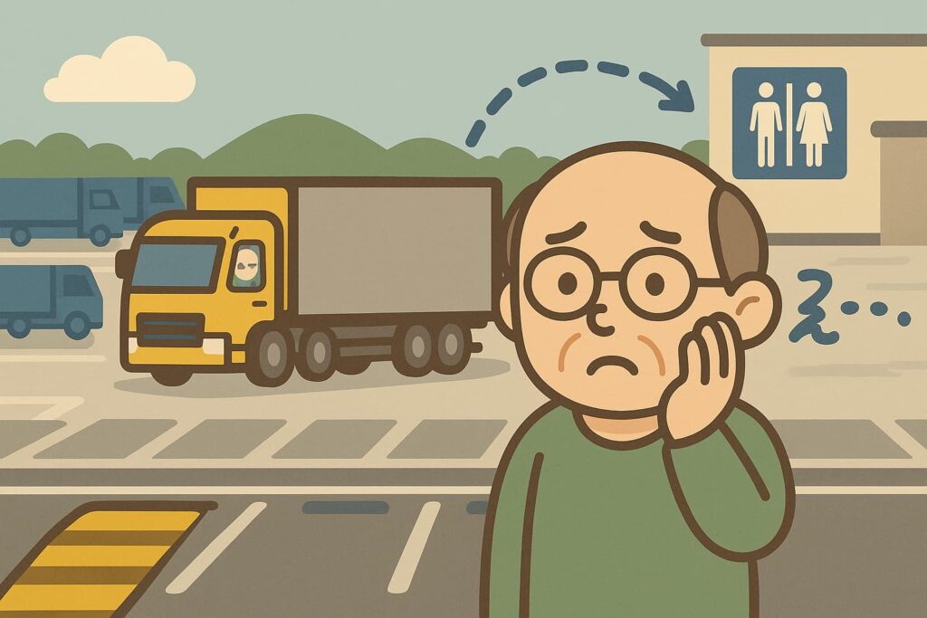 高速道路のPA、停車位置からトイレまでの距離が遠く困っているオジサンのイラスト