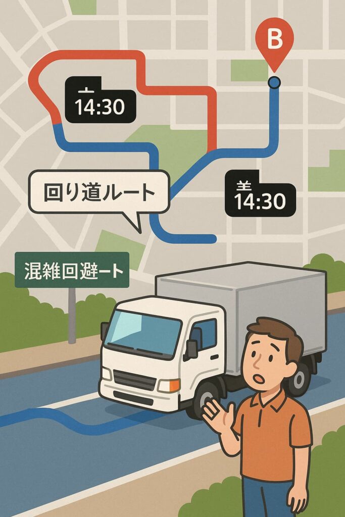 通常ルートと迂回ルート、どちらを選択するか迷っている男性ドライバーのイラスト