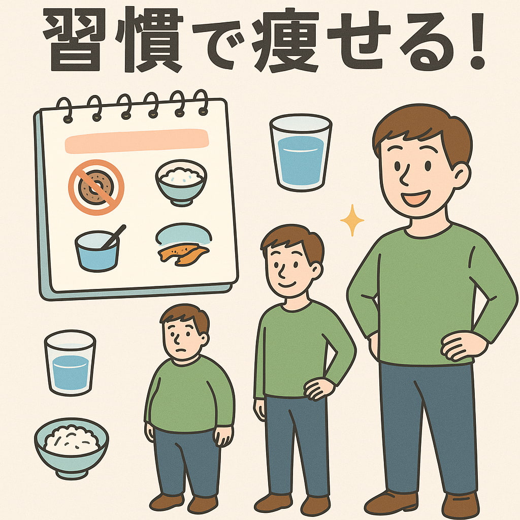 習慣で痩せる方法を紹介するイラスト。小さい器、低カロリーおやつ、水分補給などで自然に続けられるダイエットを表現。