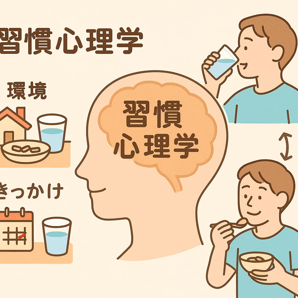 習慣心理学をイメージしたイラスト。環境、きっかけなどを表現