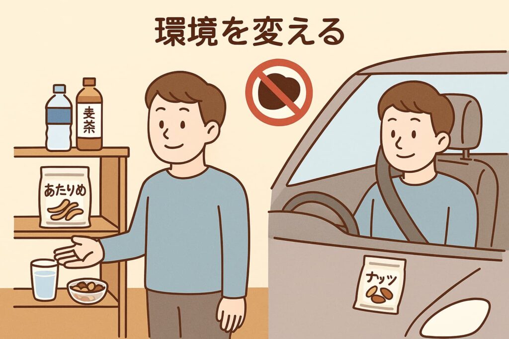 家の中、車内には低カロリー・ダイエットに良いものだけを置いているイラスト。「環境を変える」文字が入ってる