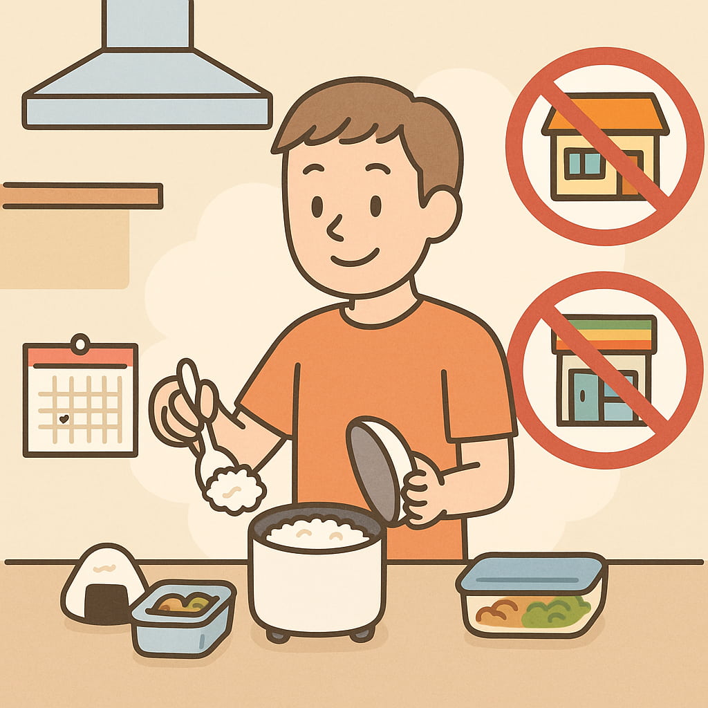 自分専用の炊飯器で3食分炊き、コンビニや外食に行かないようにしている男性のイラスト