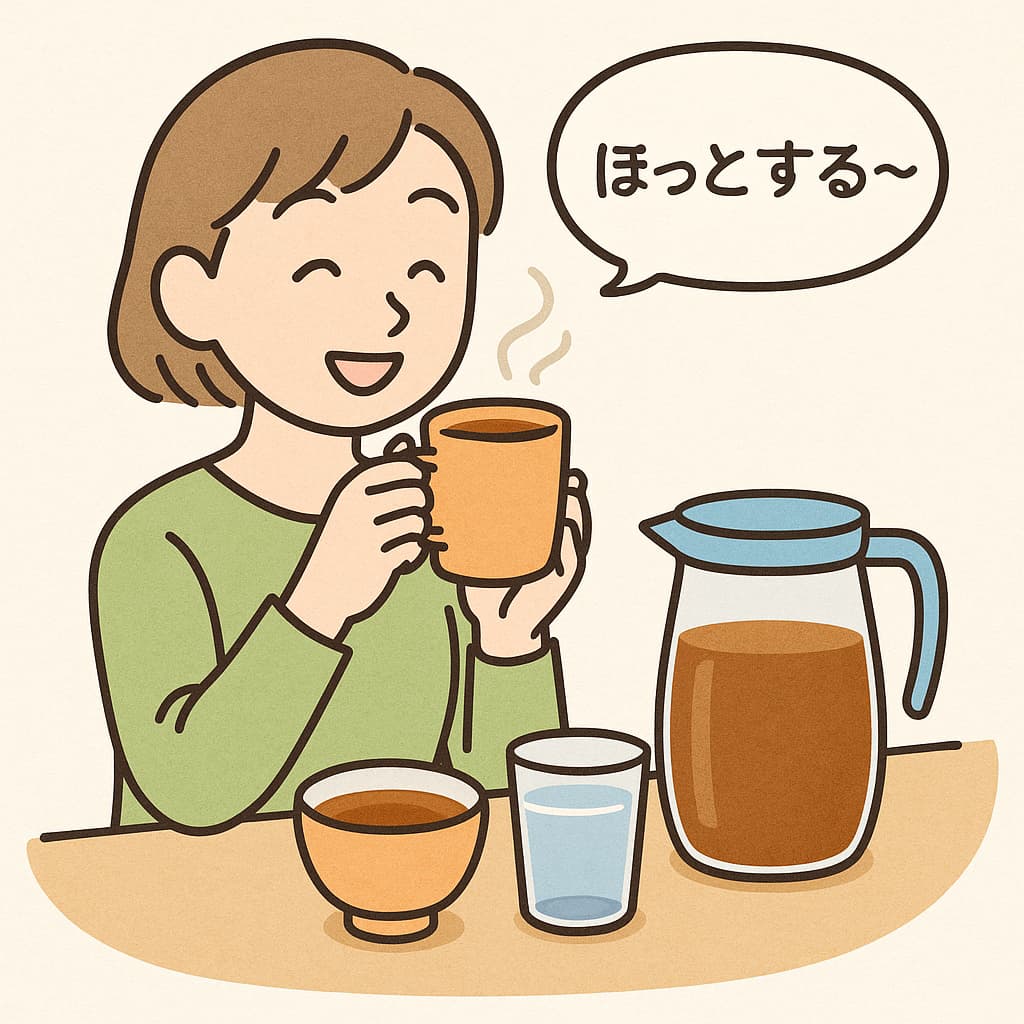 温かい麦茶や白湯を飲み「ほっとする〜」とつぶやいているイラスト