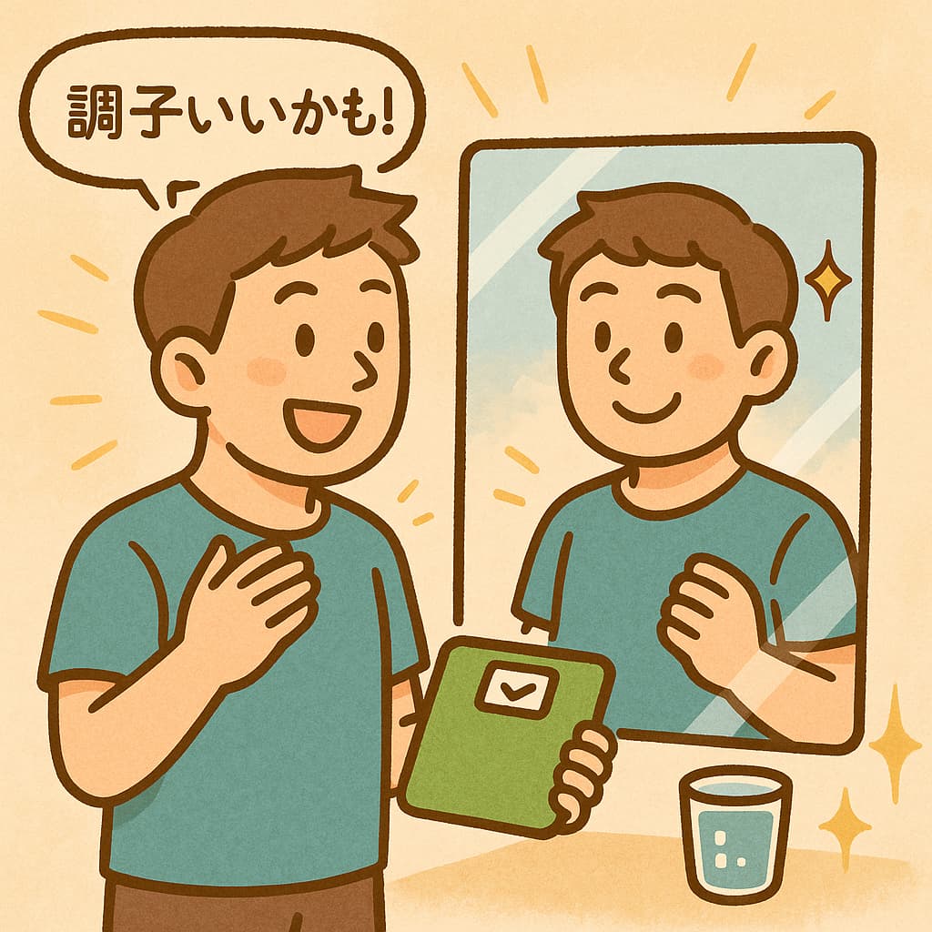 鏡を見て、ちょっと痩せたかもと笑顔になっている男性のイラスト。「調子いいかも！」と言っている。