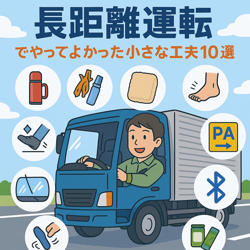 長距離運転で役立つ事、アイテムをアイコン風に10個表示したイラスト。