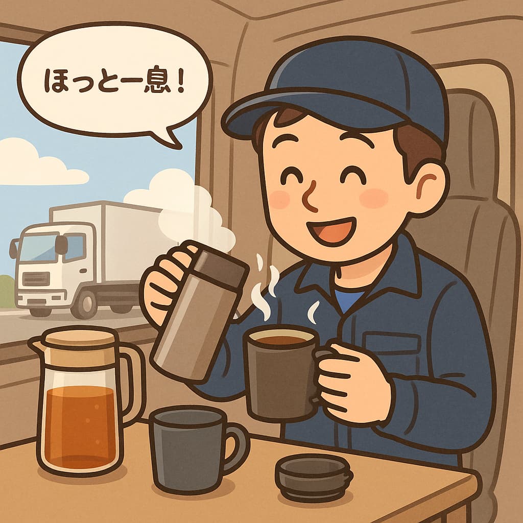 男性トラック運転手が温かい飲み物を飲んで「ほっと一息」と言っているイラスト