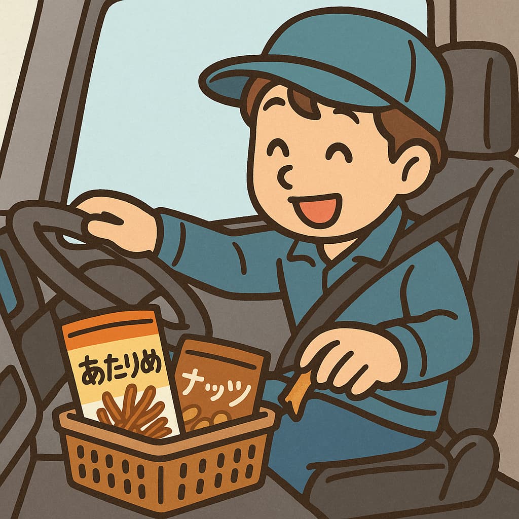 男性トラック運転手が、おやつ専用カゴに入ったあたりめとナッツをつまんでるイラスト