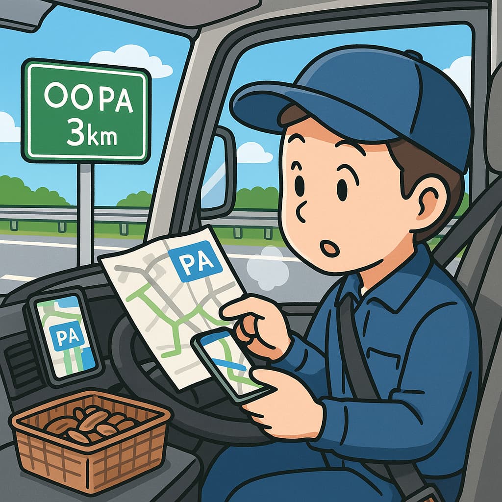 男性トラック運転手が地図とナビ・スマホアプリでPAの場所を調べているイラスト