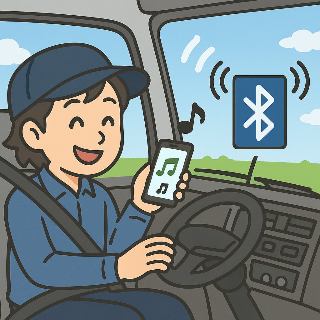トラック運転手がBluetooth接続で音楽を笑顔で楽しそうに聴いているイラスト