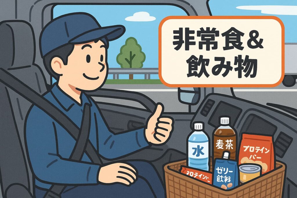 男性トラック運転手が非常食を揃え安心した表情をしている手は👍