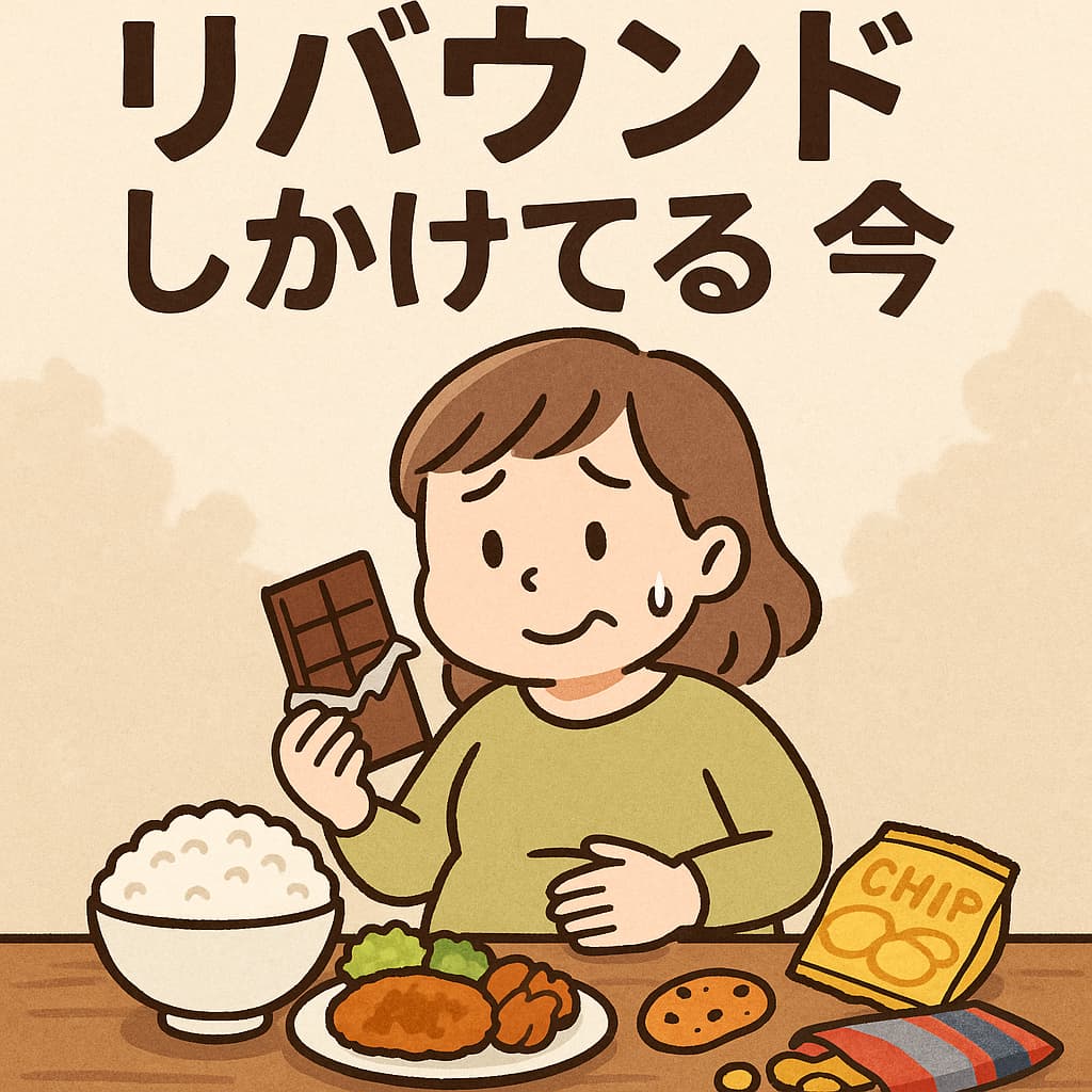 ご飯やお菓子を前に、チョコを持ちながらお腹をさする女性キャラクター。食べすぎてリバウンドしかけている様子を描いたイラスト。