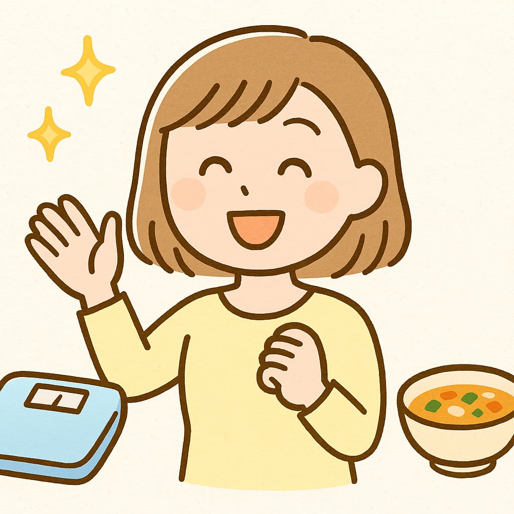 笑顔で手を振るキャラクターのイラスト。明るく前向きな雰囲気で、ダイエットを前向きに続けるイメージを表している。
