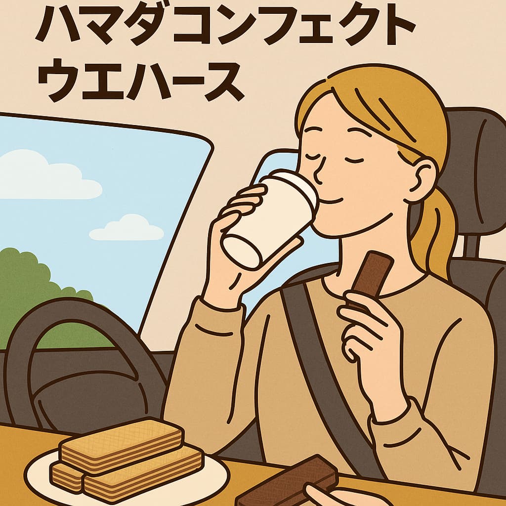 運転の息抜きにコーヒーとハマダコンフェクトのウエハースを楽しむ女性のイラスト