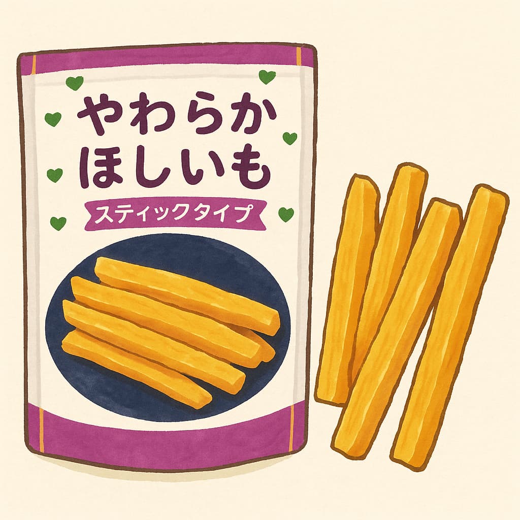 やわらかほしいもスティックタイプのパッケージと、スティック状の干し芋が並べられたイラスト

