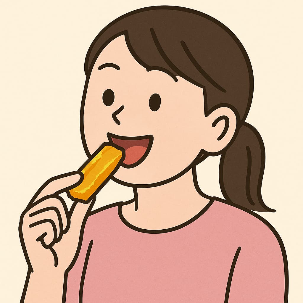 やわらかほしいもスティックタイプを食べる女性のイラスト｜ダイエット中のおやつレビュー