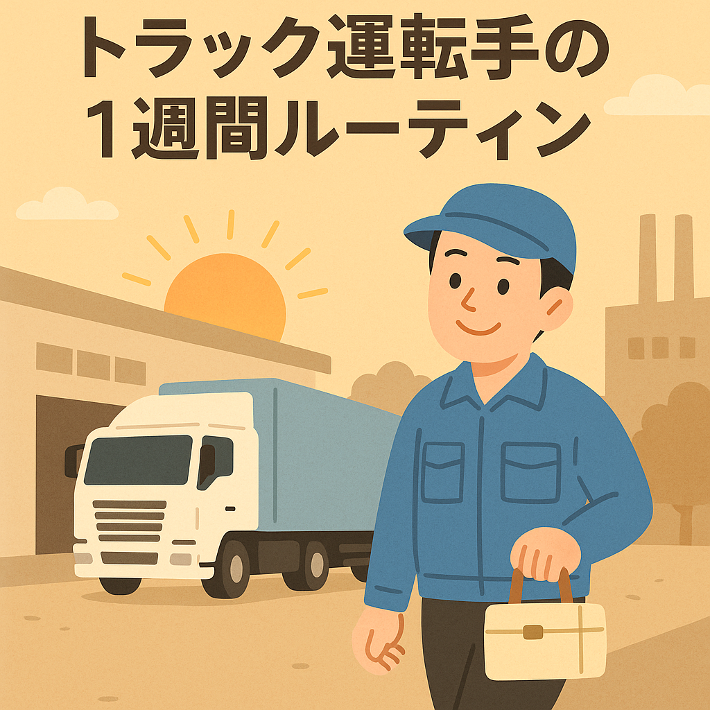 朝日を背景に工場前に立つトラック運転手のイラスト。ランチボックスを手に笑顔で歩く様子が描かれている。