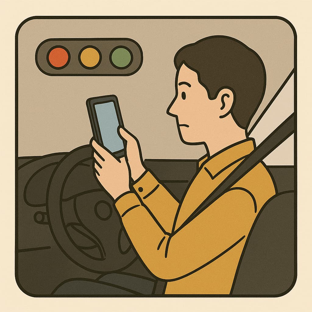 運転中、信号待ちでついスマホを見てしまうのを表したイラスト。