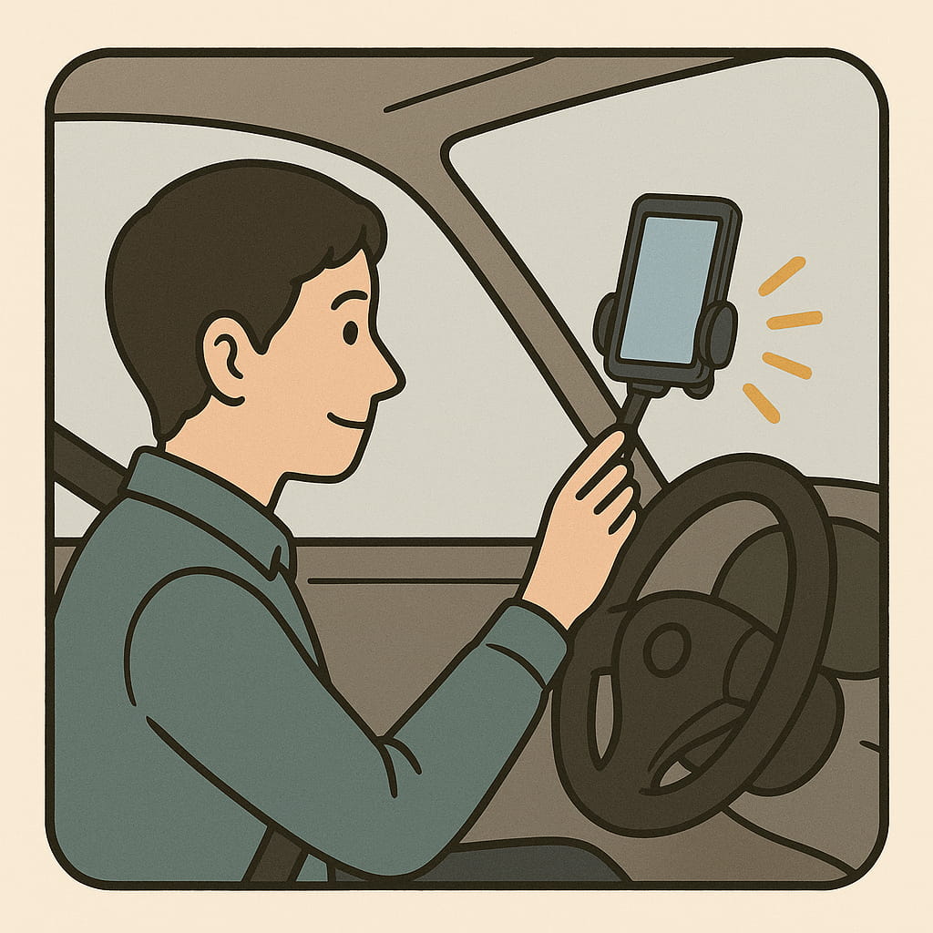 フロントガラスにスマホスタンドを付けていて視界を妨げているイラスト。