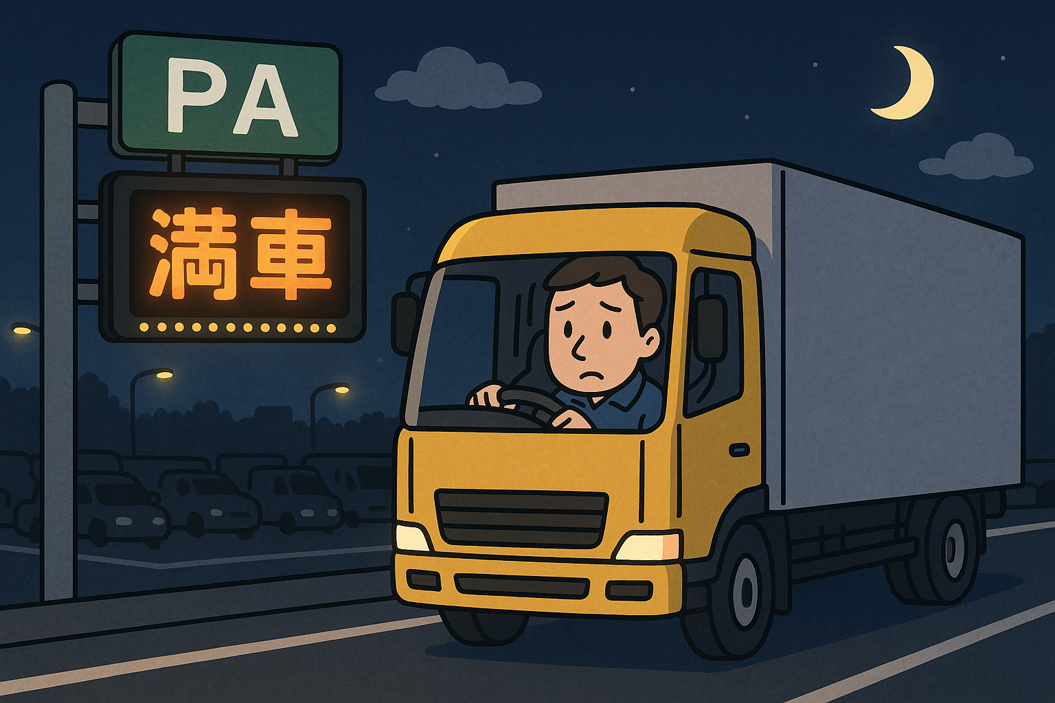 夜の高速道路PA入口に「満車」表示が出ており、黄色いトラックが通過していく様子のイラスト。困った表情の運転手が描かれている。