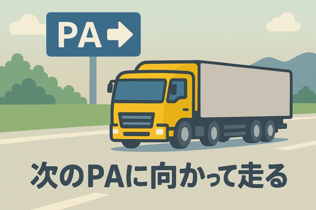 高速道路を走り、次のパーキングエリア(PA)に向かう黄色い大型トラックのイラスト。