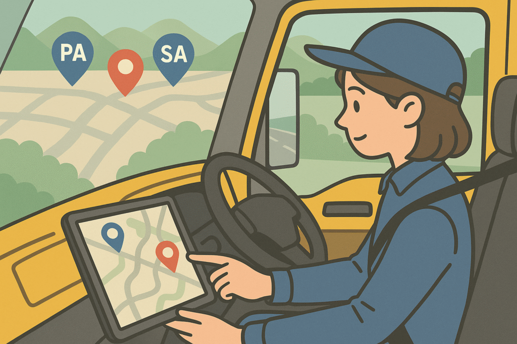 黄色い大型トラックの運転席で、ドライバーがタブレットの地図を見ながら休憩ポイントを確認しているイラスト。