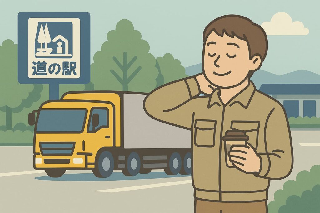 道の駅の看板前で黄色い大型トラックを停め、コーヒーを片手にリラックスする男性ドライバーのイラスト。