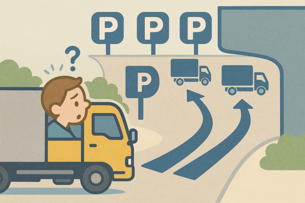 高速道路のSA・PAで、どのレーンに入れば停められるか迷っているドライバーのイラスト。