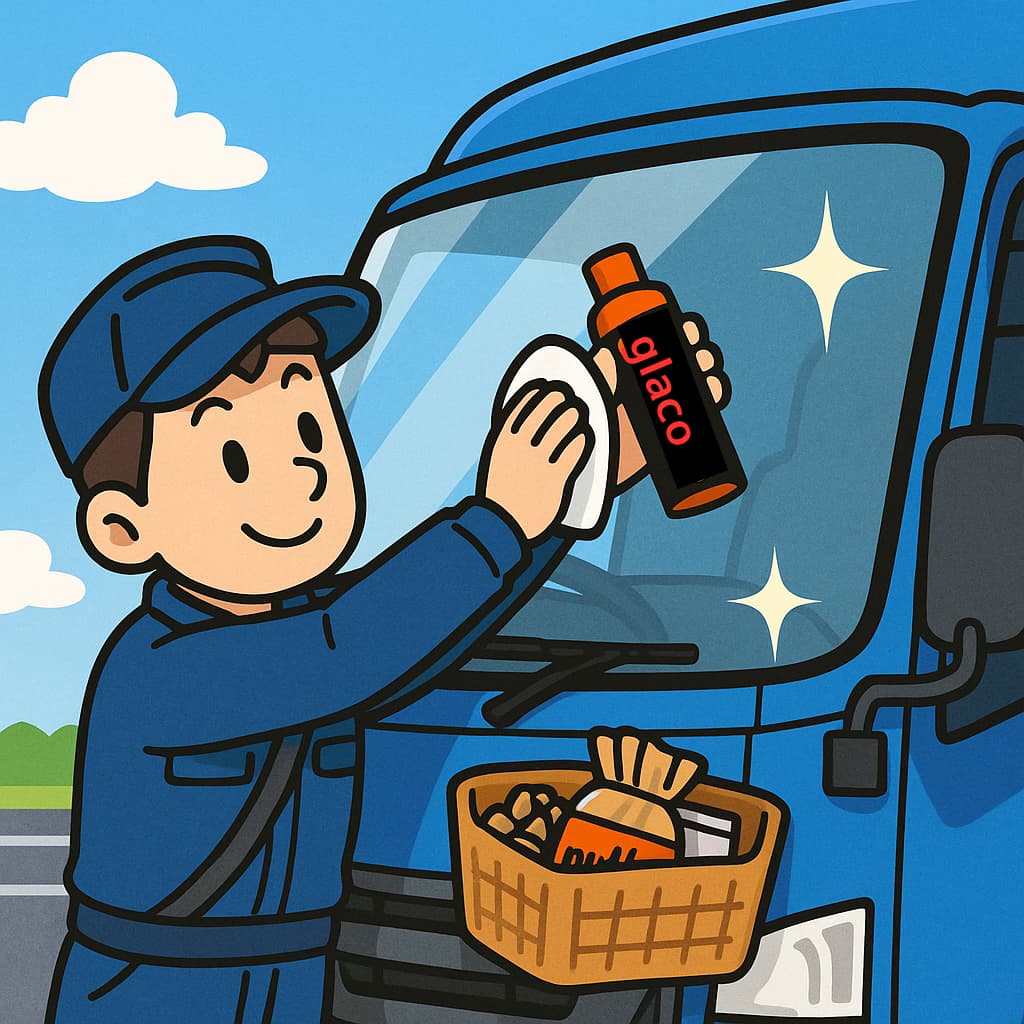 男性のトラック運転手が「ガラコ」をフロントガラスに塗っているイラスト