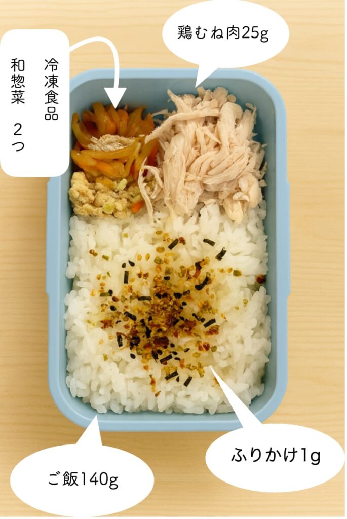 実際のお弁当の写真、ご飯、鶏ムネ肉、和惣菜が入っている。