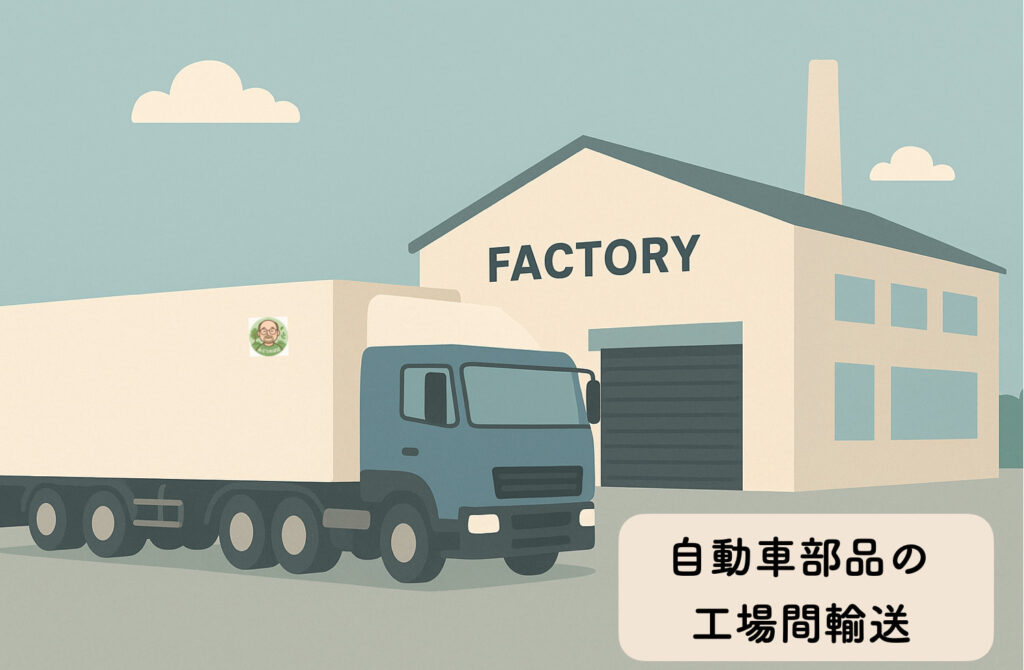 工場の前で停車している大型トレーラーのイラスト