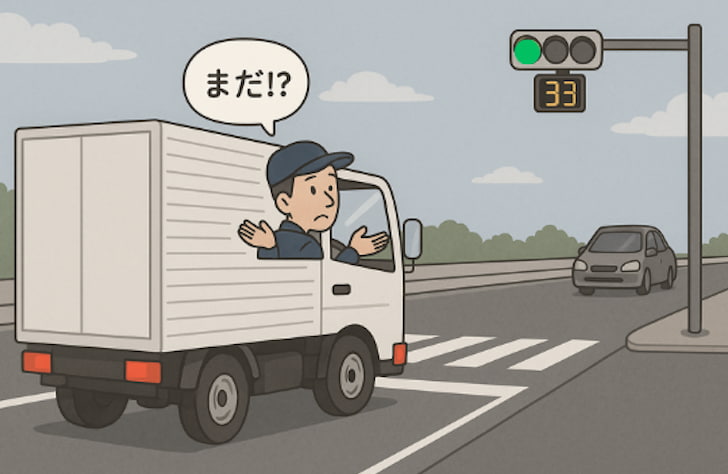 交差点で信号が赤に変わりそうなので減速したが、なかなか赤に変わらない。「まだ」と運転手が思っているイラスト