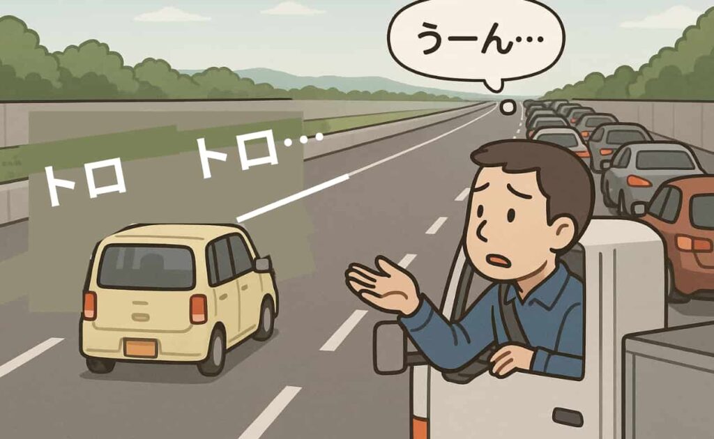 ゆっくり走っている車の前方はガラガラで後ろの運転手が困っているイラスト