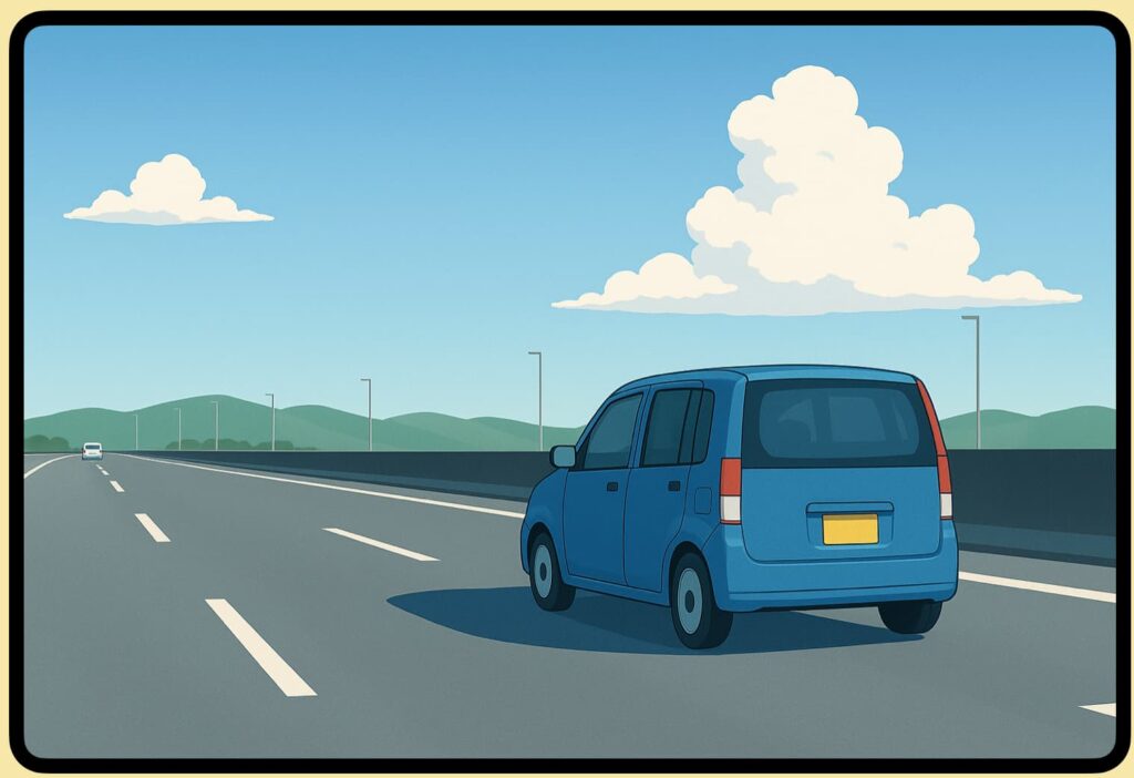 高速道路の右車線を走り続ける車のイラスト。