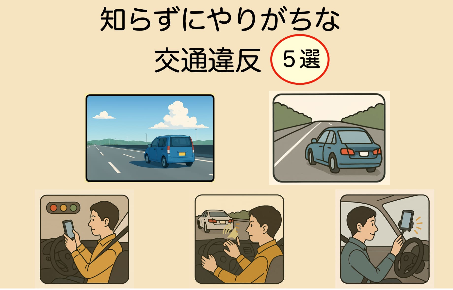 知らずにやりがちな交通違反をイラストで表現。右車線を走り続ける車、信号待ちでスマホを触る運転手、フロントガラスのスマホホルダー、ウインカーを出さずに進路変更する車、不要なクラクションを鳴らす車を描いたイラスト