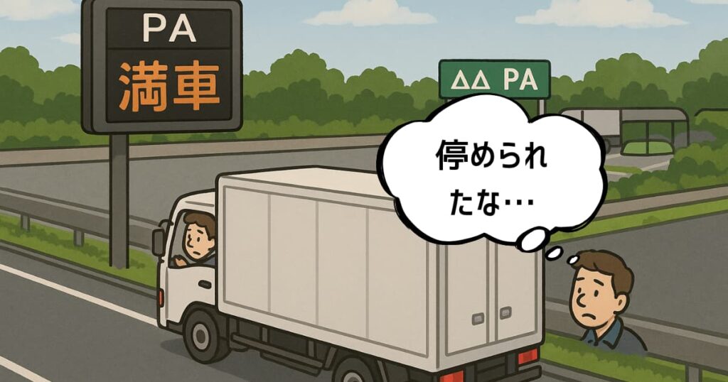 PAの「満車」の表示を信じて通り過ぎたら、空いていて「停められたな…」と後悔している男性運転手のイラスト。