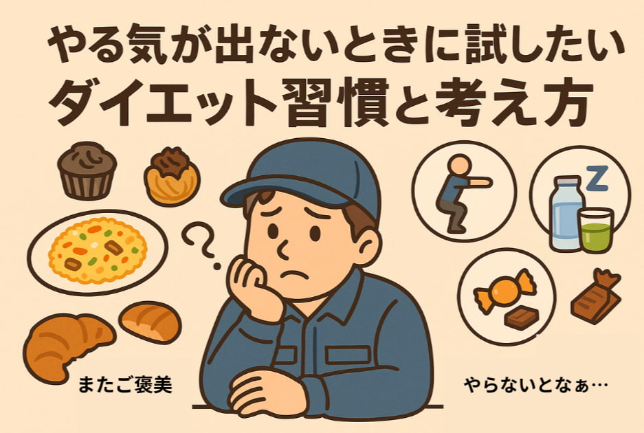 困った表情のトラック運転手キャラの周りに、お菓子やチャーハンなどの誘惑と『やる気が出ないときに試したい！ダイエット習慣と考え方』と書かれたイラスト。