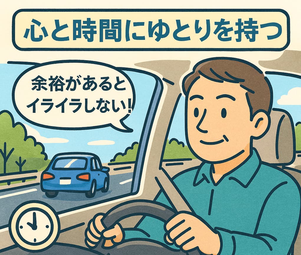 男性ドライバーが穏やかな表情で運転しているイラスト。吹き出しに『余裕があるとイライラしない！』と書かれている。