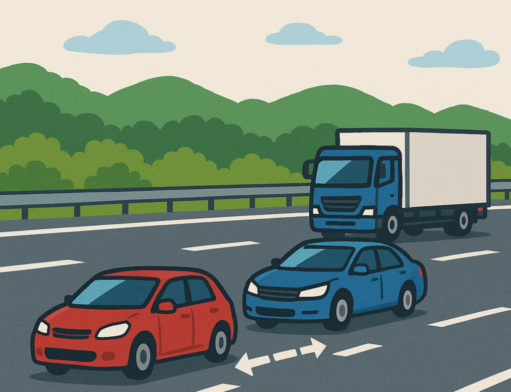 高速道路を走るトラックと乗用車。乗用車が車間距離を空けていなく危険なイラスト