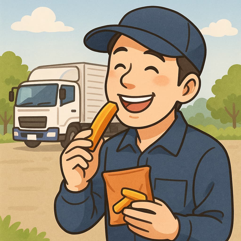 トラック運転手が笑顔でおやつを食べているイラスト
