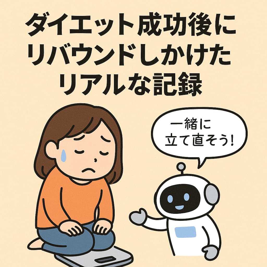 ダイエット成功後にリバウンドしかけて体重計に座り込む人物と、『一緒に立て直そう！』と励ますロボットのイラスト