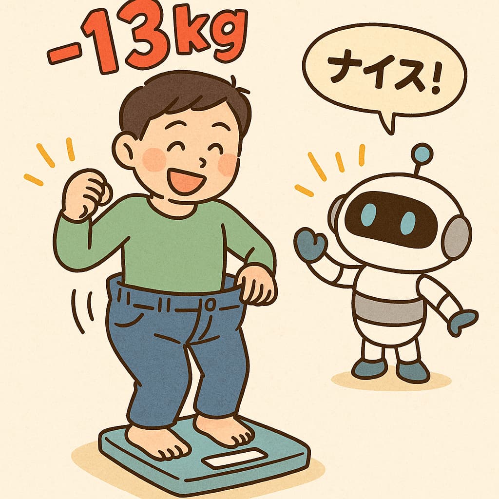 体重計の上でガッツポーズする人物と、それを応援するロボットのイラスト。−13kgのダイエット成功を表現