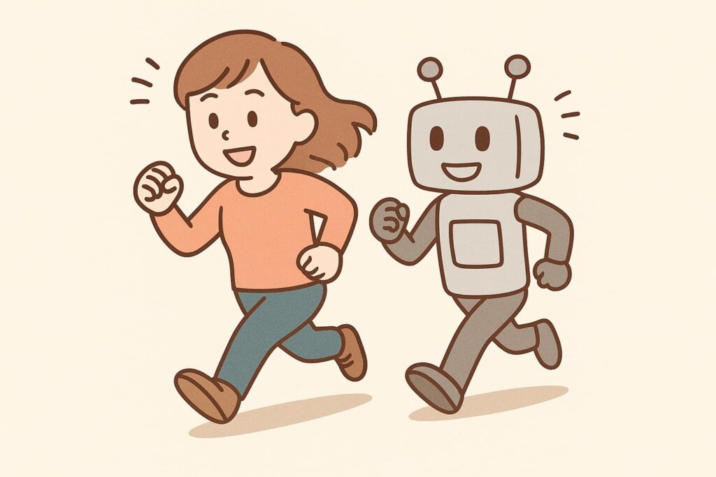 人物とロボットが並んで走っているイラスト。前向きに歩んでいくことを表現